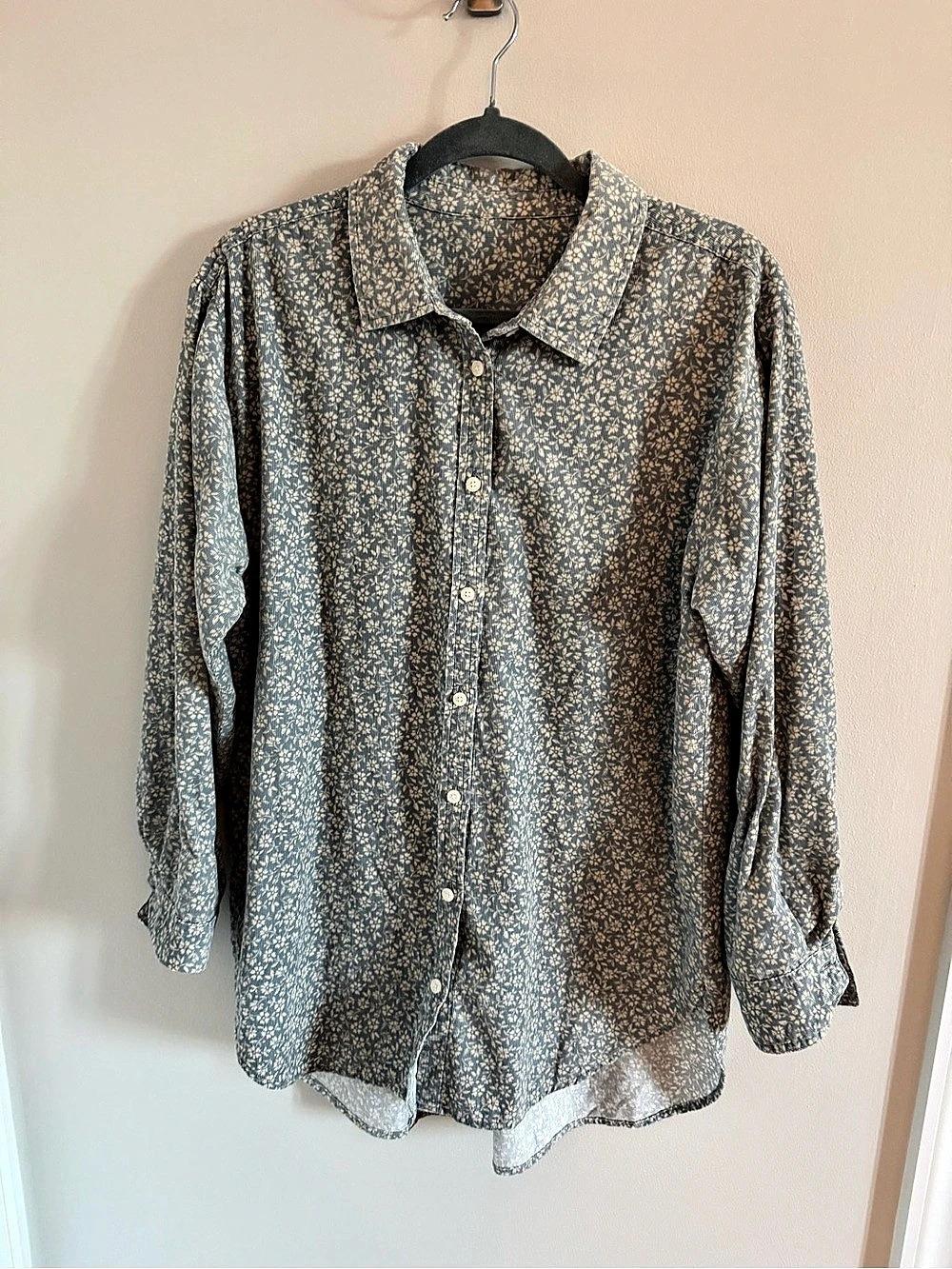 LOFT Corduroy Button-Up Shirt Floral Cotton Blue & White